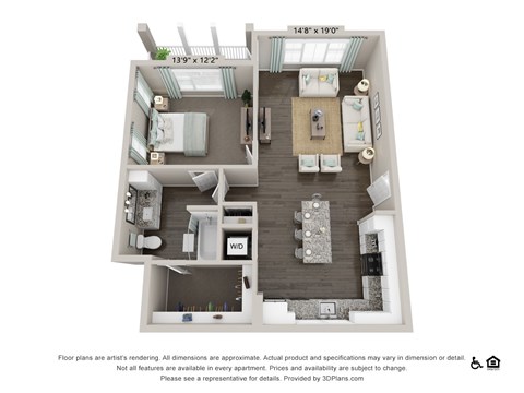 Floor plan for 1 bed, 1 bath, 903 sqft